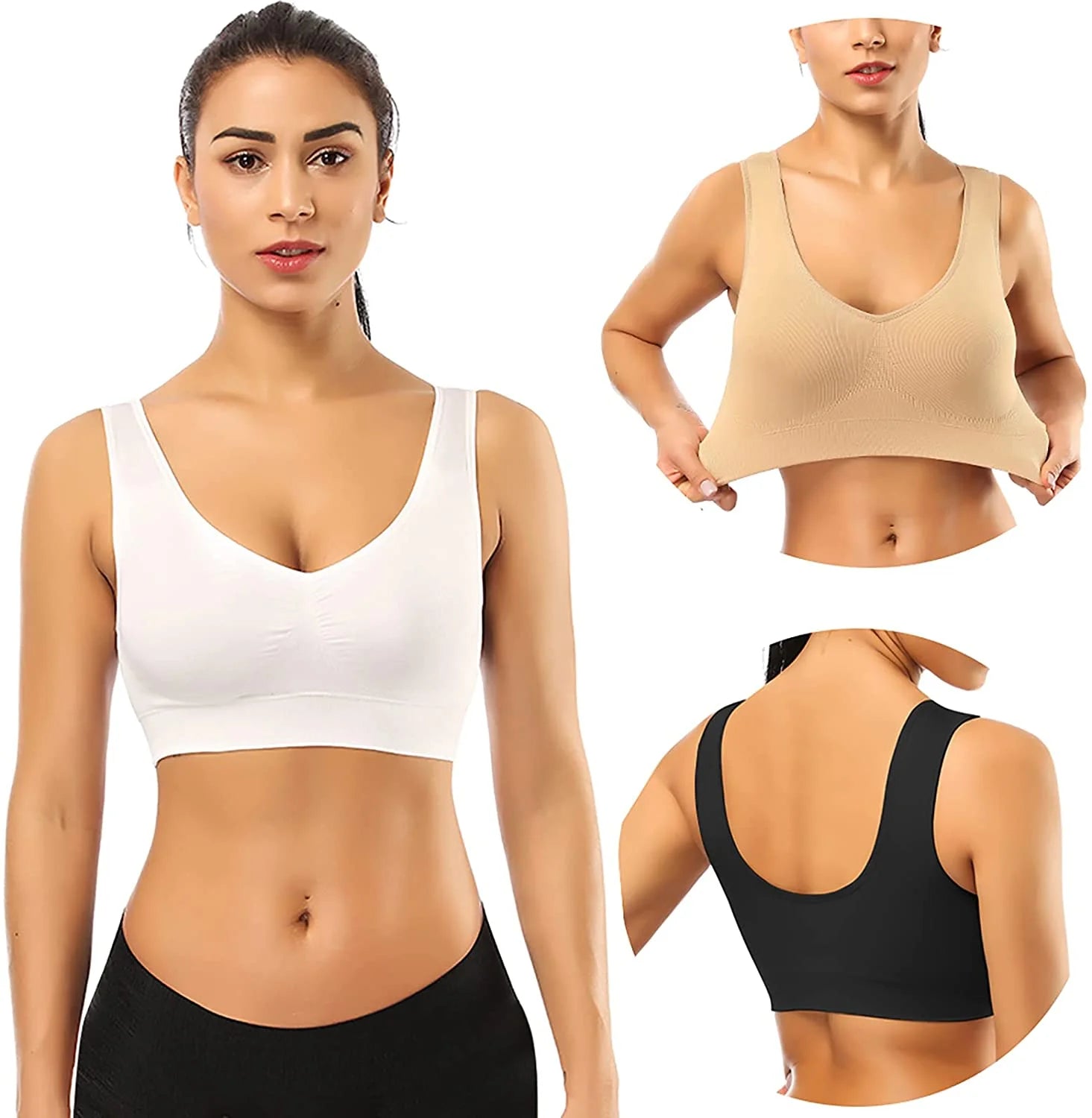 3 Pack Sports Bras for Women,Seamless Comfortable Bras Set with Removable Pads for Sleep,Pull on Closure plus Size,Black+White+Nude,Xxl