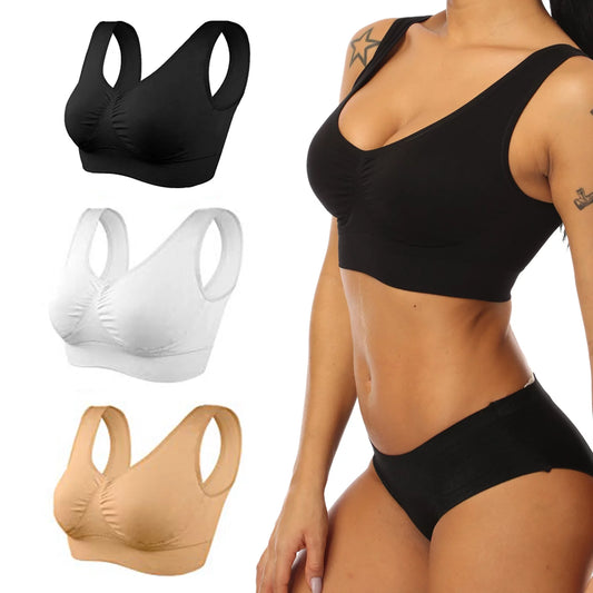 3 Pack Sports Bras for Women,Seamless Comfortable Bras Set with Removable Pads for Sleep,Pull on Closure plus Size,Black+White+Nude,Xxl